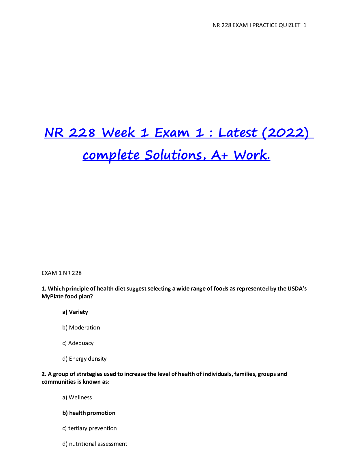 Preview of NR 228 Week 1 Exam 1 : Latest (2022) complete Solutions, A+ Work.